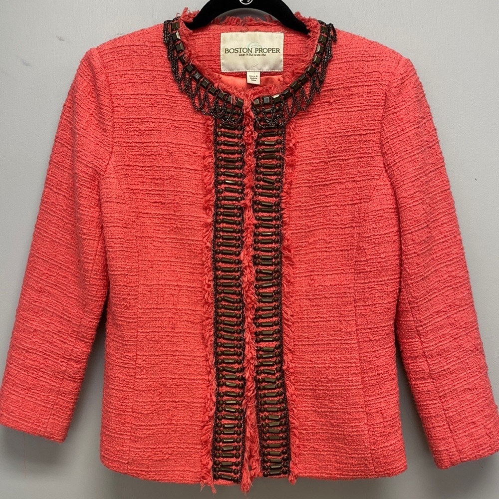 Boston Proper Women’s Embellished Tweed Jacket in Coral
